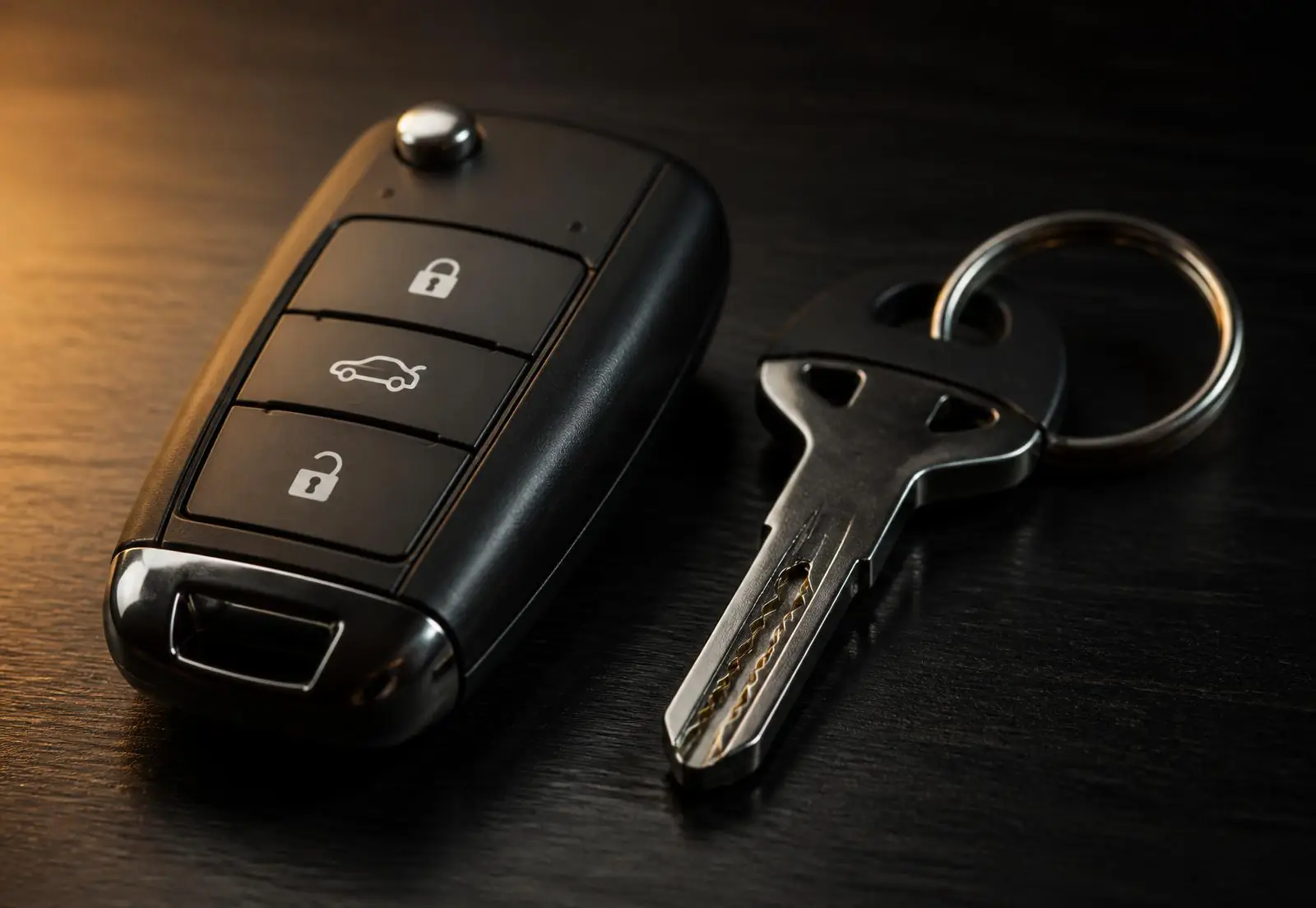 Close-up of a car key fob and a laser-cut car key on a dark surface